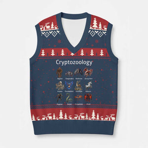 Cryptid Creatures V-Neck Knit Sweater Vest Cryptozoology Fantasy Mythical Monsters TS02 Navy Red Print Your Wear
