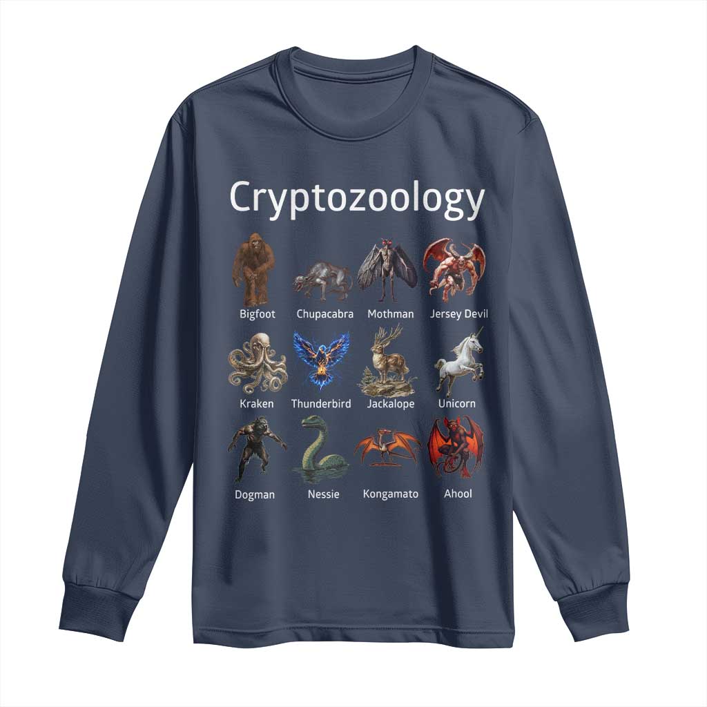 Cryptid Creatures Long Sleeve Shirt Cryptozoology Fantasy Mythical Monsters TS02 Navy Print Your Wear