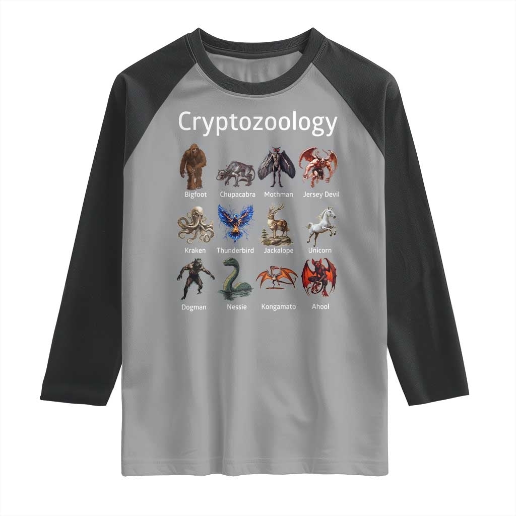 Cryptid Creatures Raglan Shirt Cryptozoology Fantasy Mythical Monsters TS02 Sport Gray Black Print Your Wear