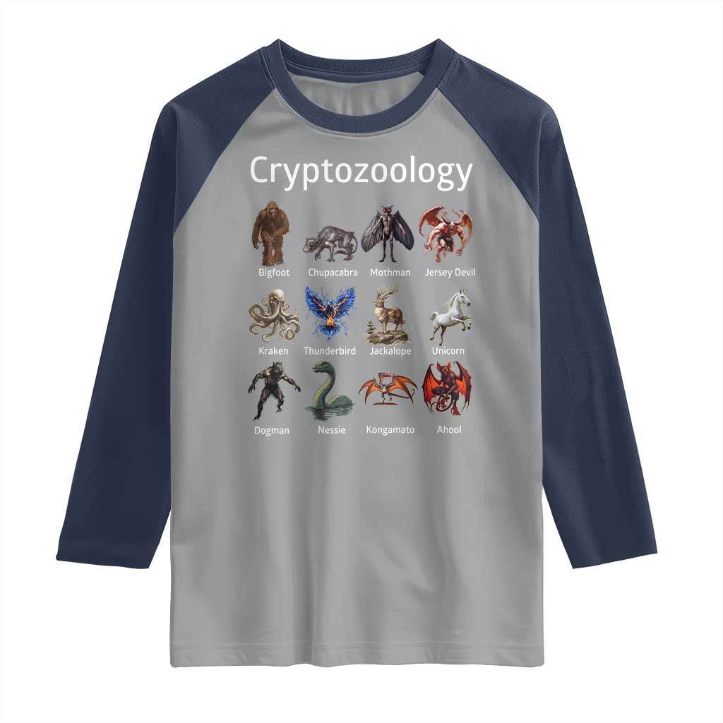 Cryptid Creatures Raglan Shirt Cryptozoology Fantasy Mythical Monsters TS02 Sport Gray Navy Print Your Wear
