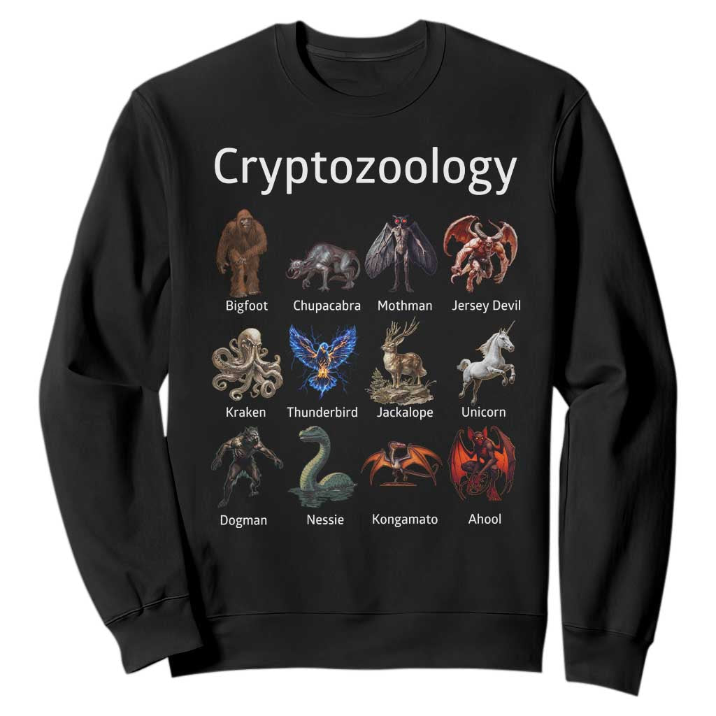 Cryptid Creatures Sweatshirt Cryptozoology Fantasy Mythical Monsters TS02 Black Print Your Wear