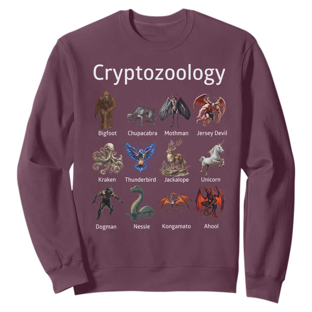 Cryptid Creatures Sweatshirt Cryptozoology Fantasy Mythical Monsters TS02 Maroon Print Your Wear