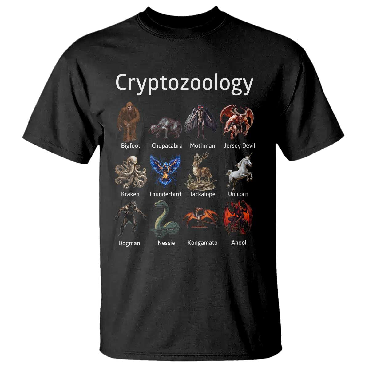 Cryptid Creatures T Shirt Cryptozoology Fantasy Mythical Monsters TS02 Black Print Your Wear