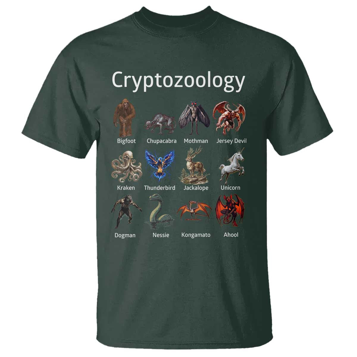 Cryptid Creatures T Shirt Cryptozoology Fantasy Mythical Monsters TS02 Dark Forest Green Print Your Wear
