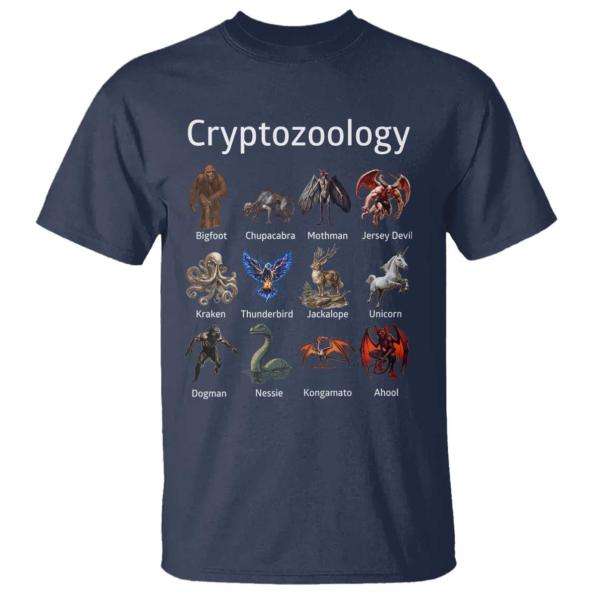 Cryptid Creatures T Shirt Cryptozoology Fantasy Mythical Monsters TS02 Navy Print Your Wear