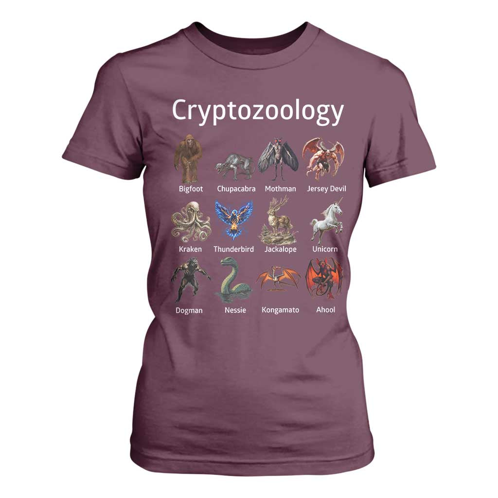 Cryptid Creatures T Shirt For Women Cryptozoology Fantasy Mythical Monsters TS02 Maroon Print Your Wear