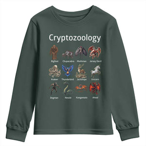 Cryptid Creatures Youth Sweatshirt Cryptozoology Fantasy Mythical Monsters TS02 Dark Forest Green Print Your Wear