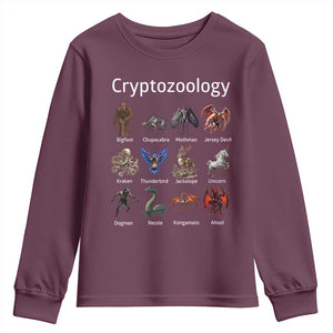 Cryptid Creatures Youth Sweatshirt Cryptozoology Fantasy Mythical Monsters TS02 Maroon Print Your Wear