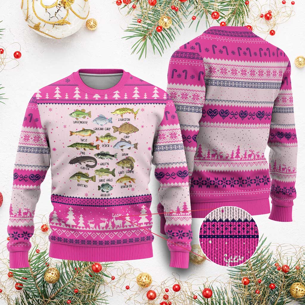 Freshwater Fish Species Ugly Christmas Sweater Funny Fishing Types Fisherman Dad TS02 Hot Pink Print Your Wear
