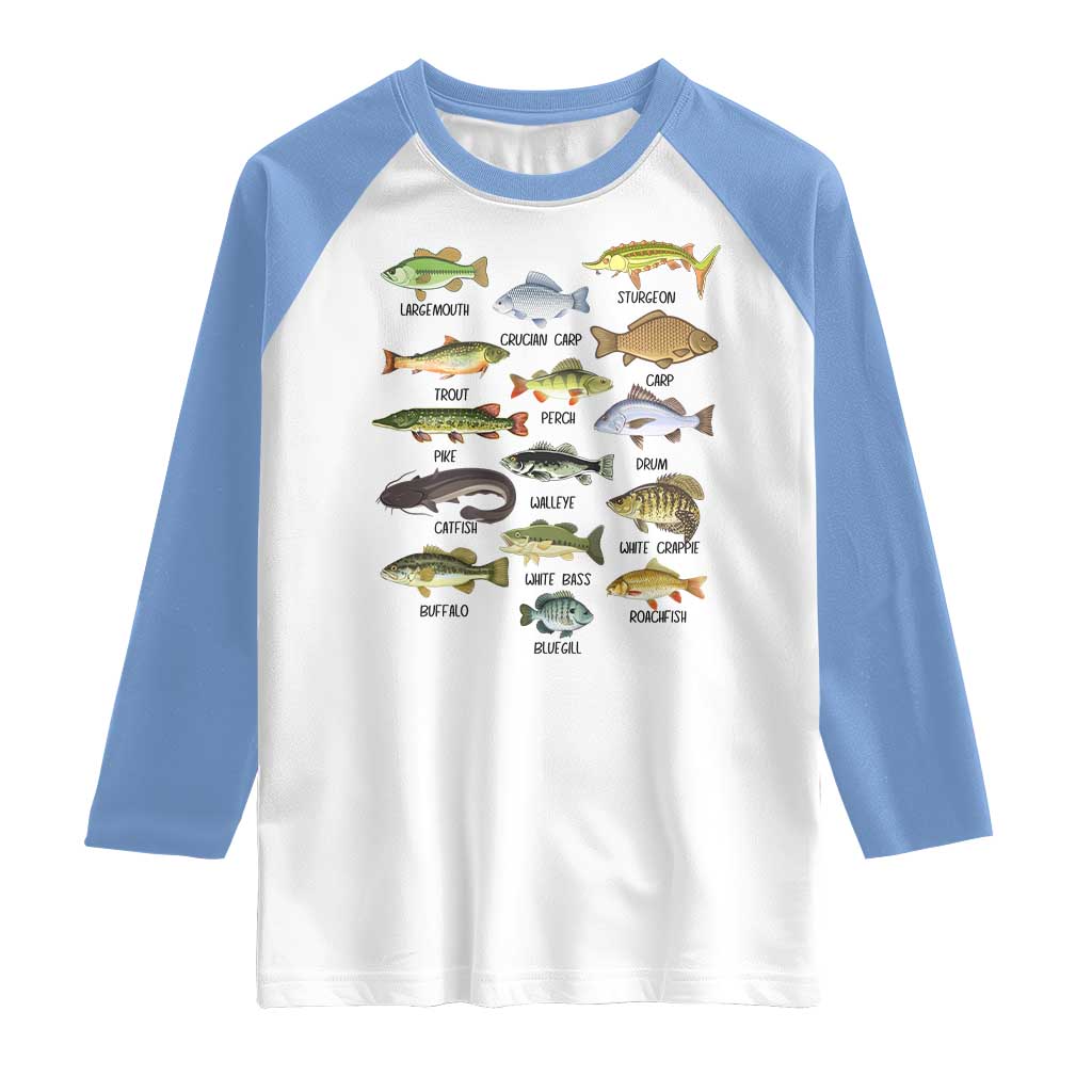 Freshwater Fish Species Raglan Shirt Funny Fishing Types Fisherman Dad TS02 White Carolina Blue Print Your Wear