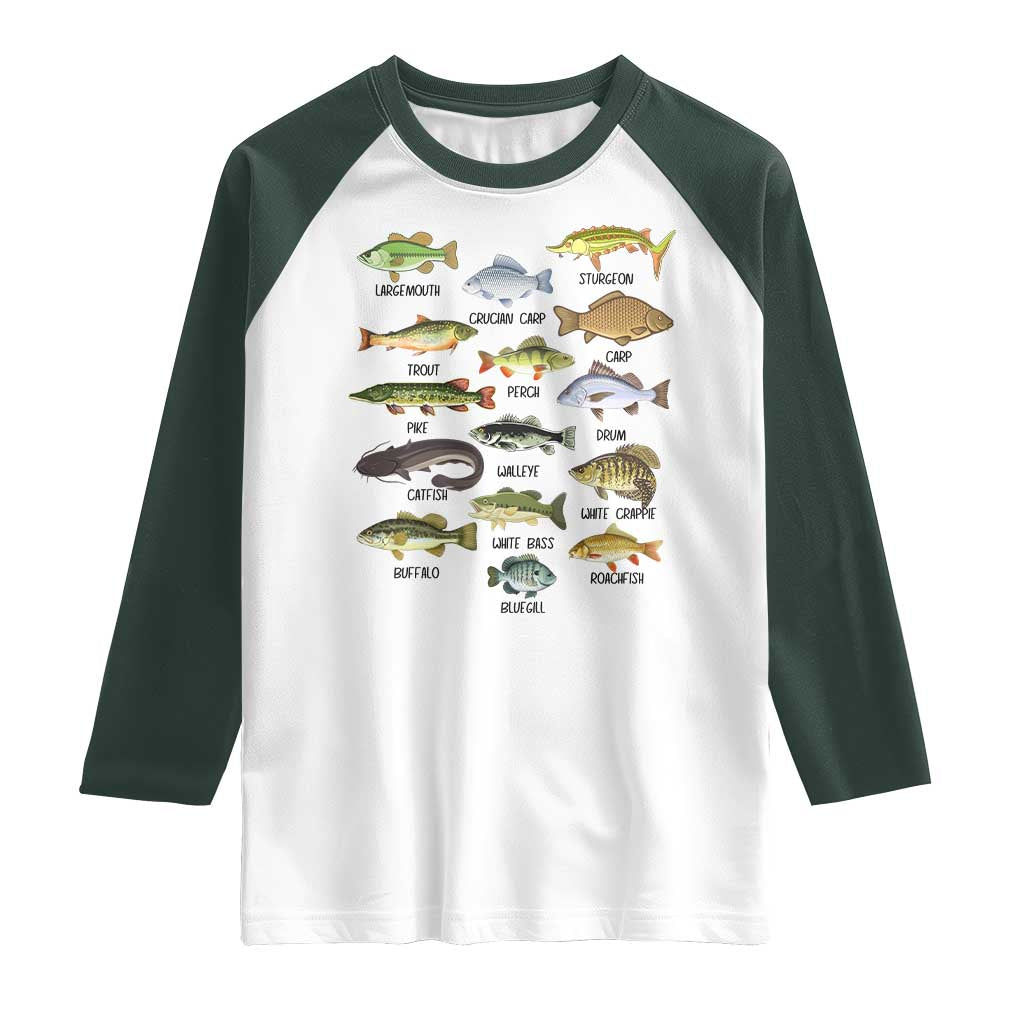 Freshwater Fish Species Raglan Shirt Funny Fishing Types Fisherman Dad TS02 White Dark Forest Green Print Your Wear