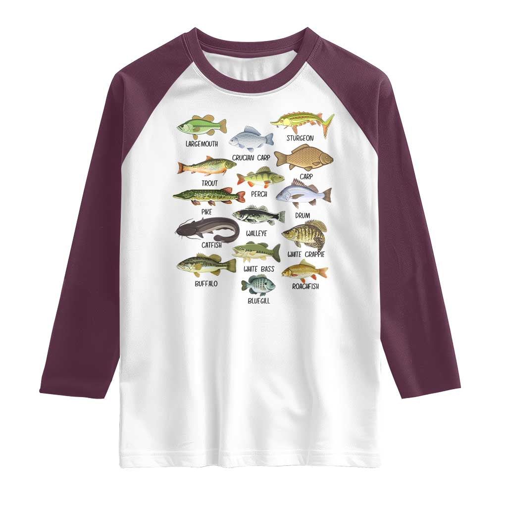 Freshwater Fish Species Raglan Shirt Funny Fishing Types Fisherman Dad TS02 White Maroon Print Your Wear
