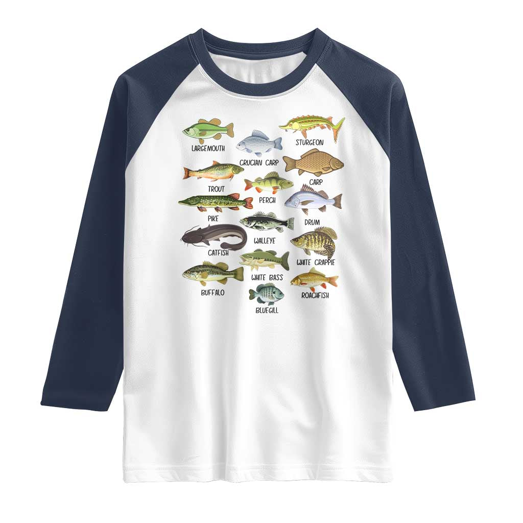 Freshwater Fish Species Raglan Shirt Funny Fishing Types Fisherman Dad TS02 White Navy Print Your Wear