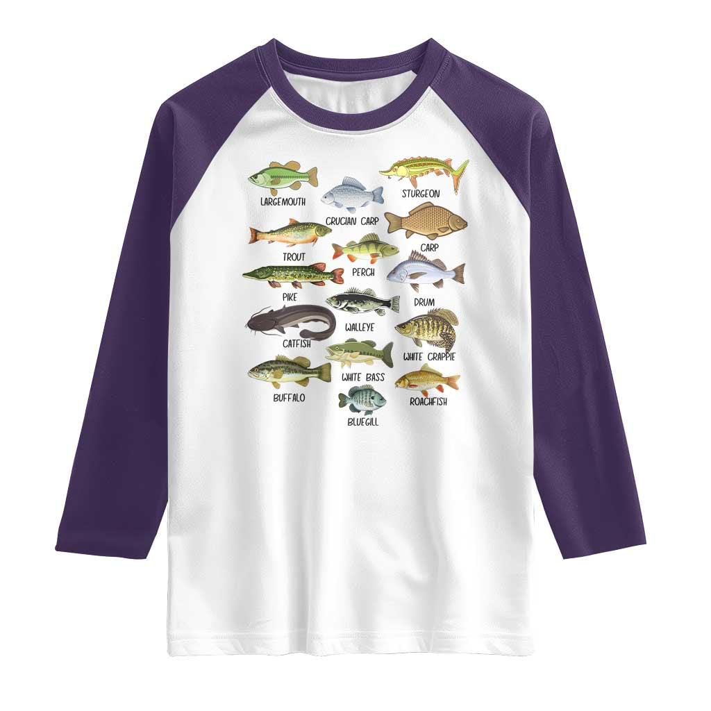 Freshwater Fish Species Raglan Shirt Funny Fishing Types Fisherman Dad TS02 White Purple Print Your Wear