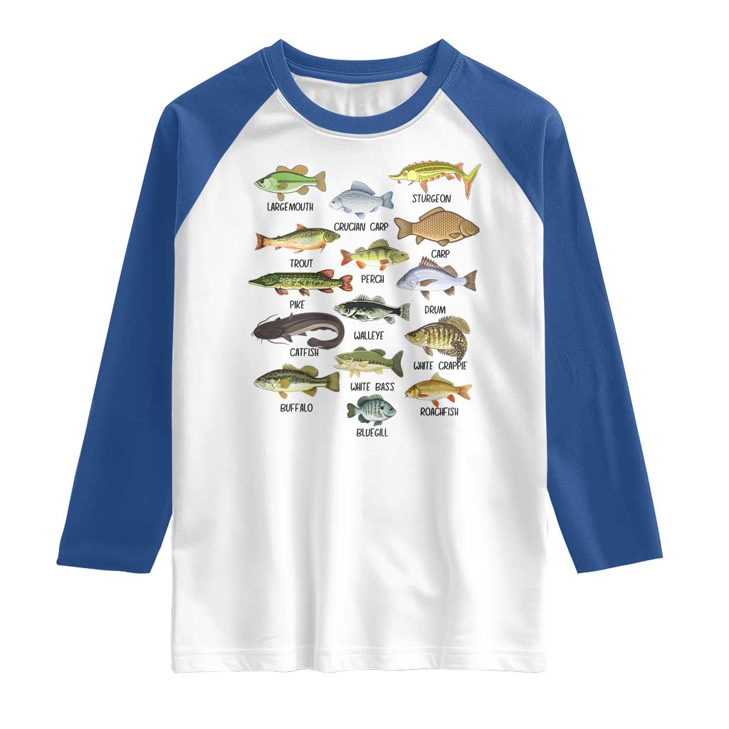 Freshwater Fish Species Raglan Shirt Funny Fishing Types Fisherman Dad TS02 White Royal Print Your Wear