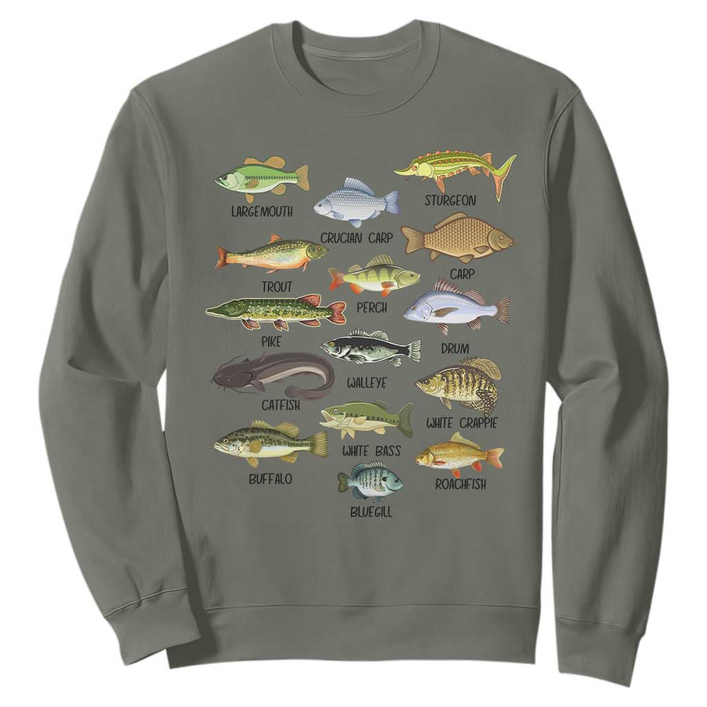 Freshwater Fish Species Sweatshirt Funny Fishing Types Fisherman Dad TS02 Military Green Print Your Wear