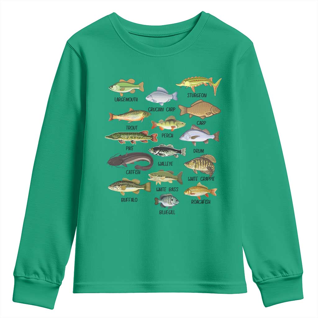 Freshwater Fish Species Youth Sweatshirt Funny Fishing Types Fisherman Dad TS02 Irish Green Print Your Wear