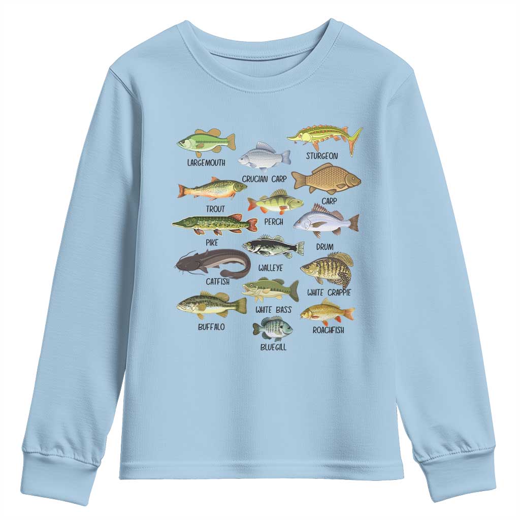 Freshwater Fish Species Youth Sweatshirt Funny Fishing Types Fisherman Dad TS02 Light Blue Print Your Wear