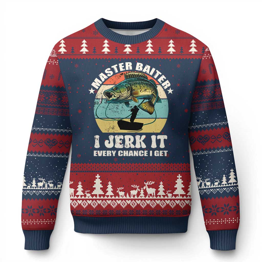 Funny Fishing Master-Baiter Ugly Christmas Sweater Kayak Fishing Dad Grandpa Bass Fish Adult Humor TS02 Navy Red Print Your Wear