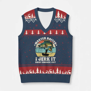 Funny Fishing Master-Baiter V-Neck Knit Sweater Vest Kayak Fishing Dad Grandpa Bass Fish Adult Humor TS02 Navy Red Print Your Wear