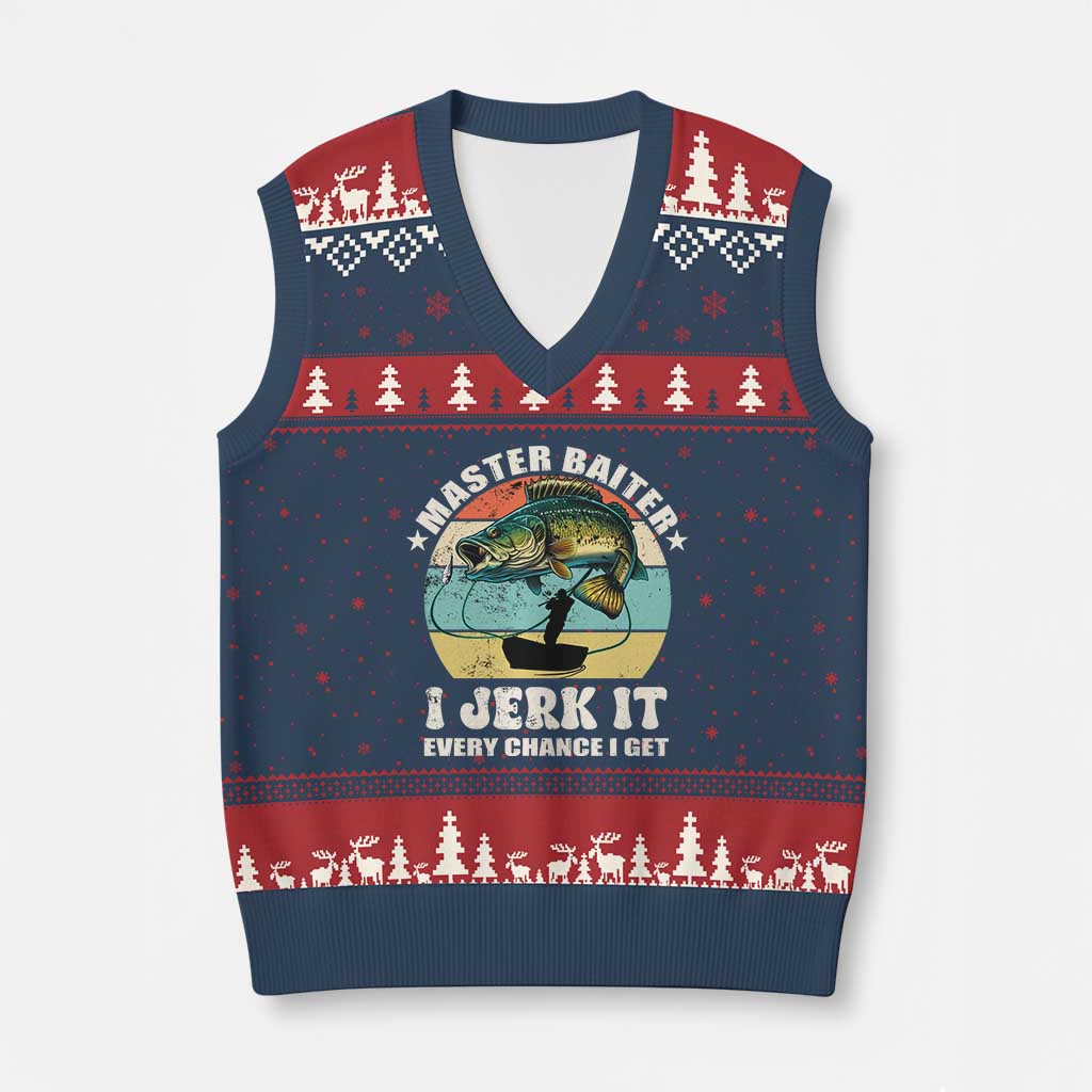 Funny Fishing Master-Baiter V-Neck Knit Sweater Vest Kayak Fishing Dad Grandpa Bass Fish Adult Humor TS02 Navy Red Print Your Wear