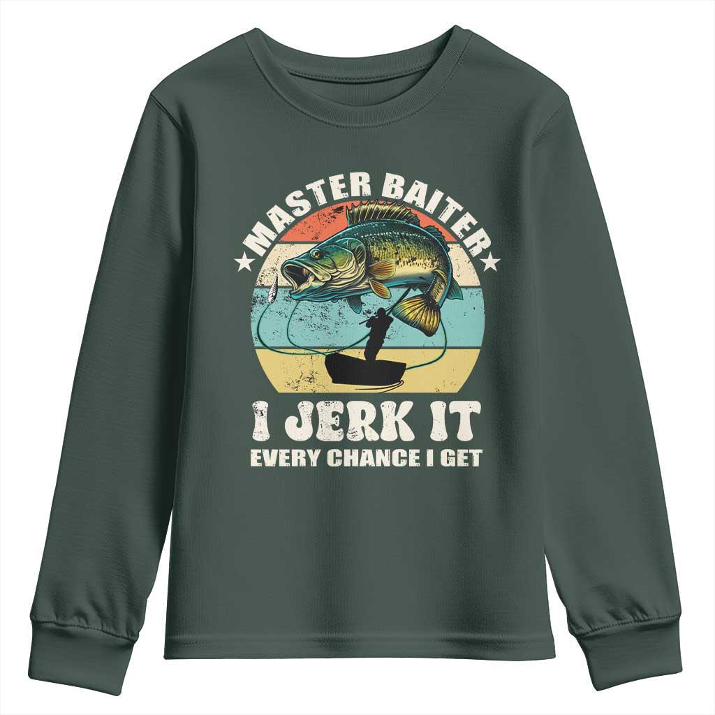 Funny Fishing Master-Baiter Youth Sweatshirt Kayak Fishing Dad Grandpa Bass Fish Adult Humor TS02 Dark Forest Green Print Your Wear