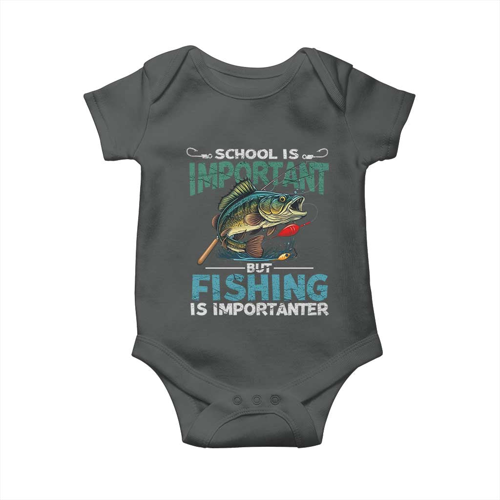 Funny Fishing Baby Onesie School Is Important But Fishing Is Importanter Bass Fisherman TS02 Dark Heather Print Your Wear