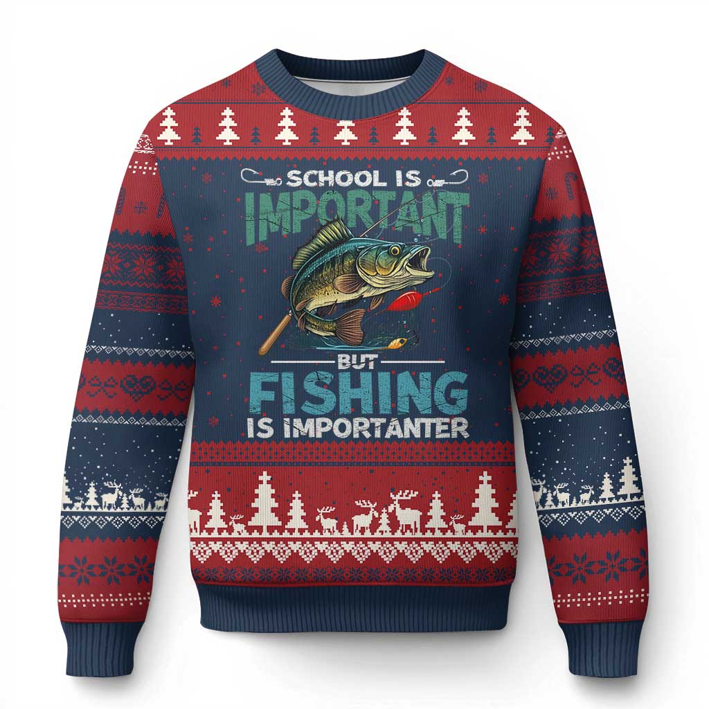 Funny Fishing Ugly Christmas Sweater School Is Important But Fishing Is Importanter Bass Fisherman TS02 Navy Red Print Your Wear