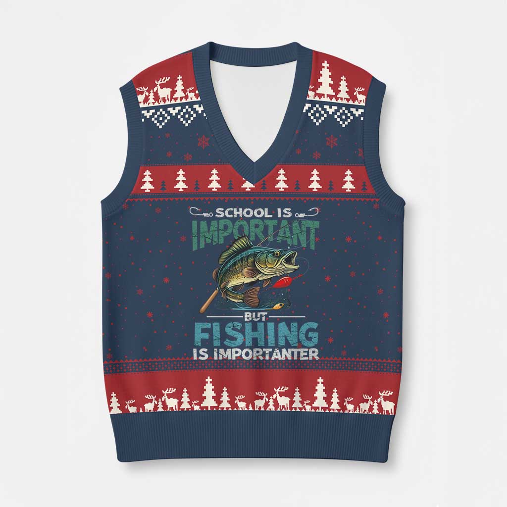 Funny Fishing V-Neck Knit Sweater Vest School Is Important But Fishing Is Importanter Bass Fisherman TS02 Navy Red Print Your Wear
