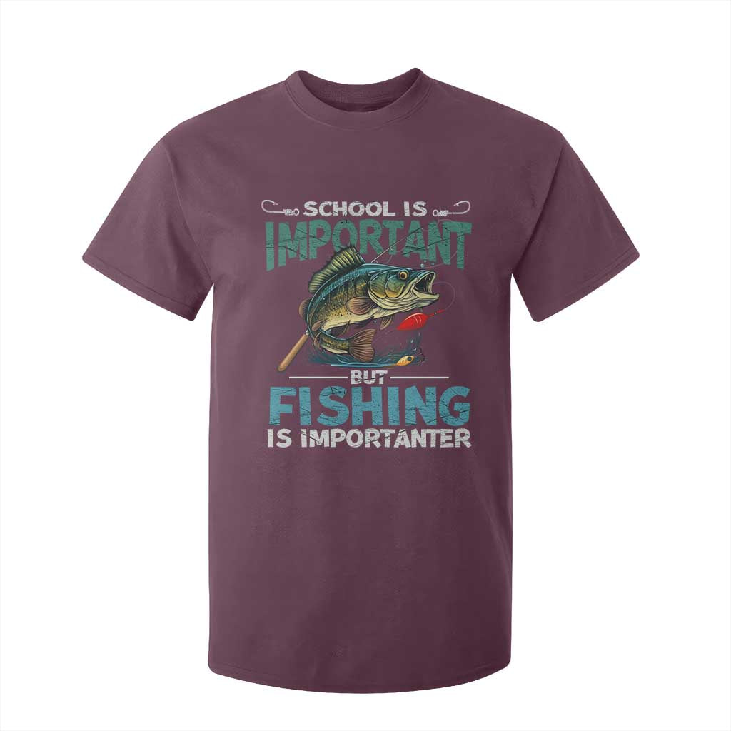Funny Fishing T Shirt For Kid School Is Important But Fishing Is Importanter Bass Fisherman TS02 Maroon Print Your Wear
