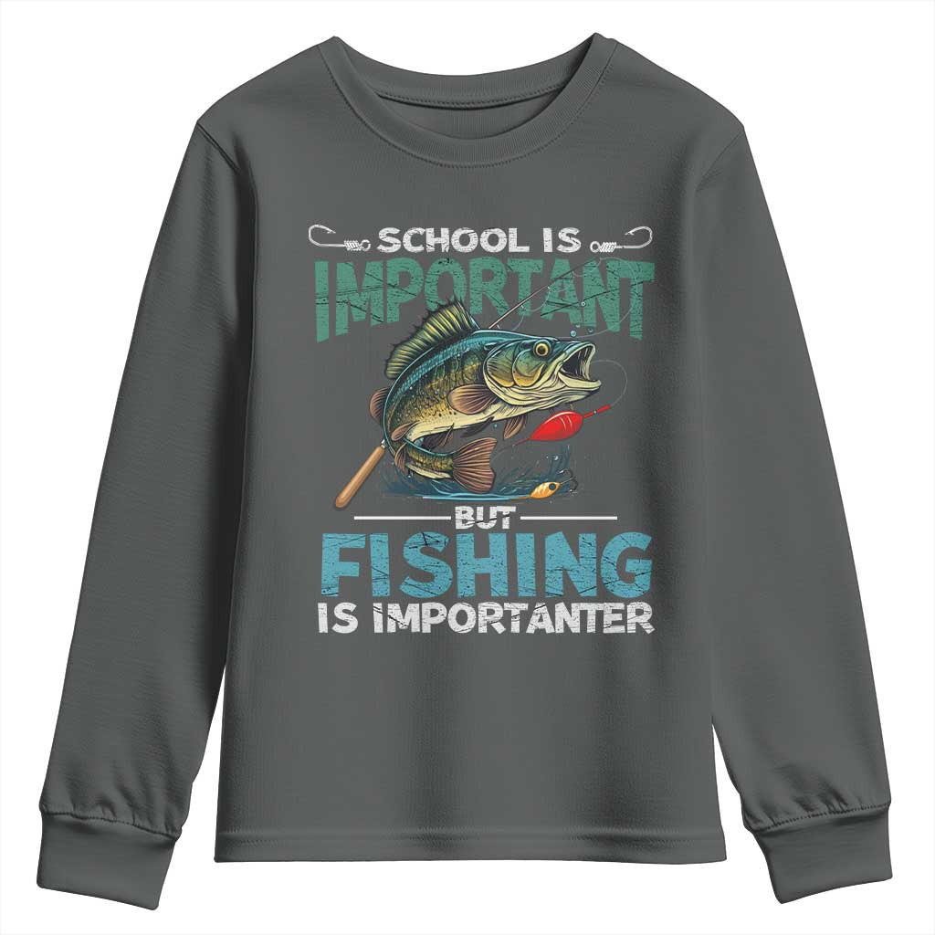 Funny Fishing Youth Sweatshirt School Is Important But Fishing Is Importanter Bass Fisherman TS02 Dark Heather Print Your Wear