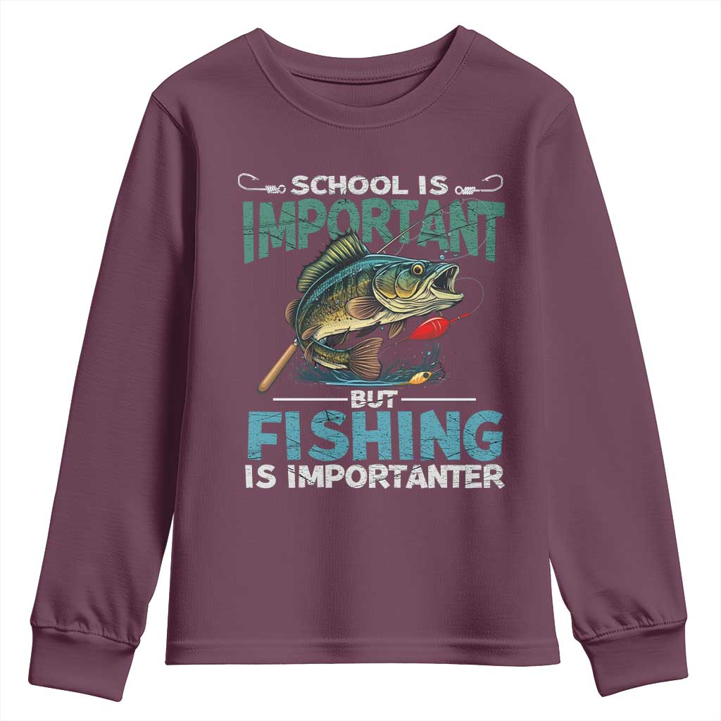Funny Fishing Youth Sweatshirt School Is Important But Fishing Is Importanter Bass Fisherman TS02 Maroon Print Your Wear
