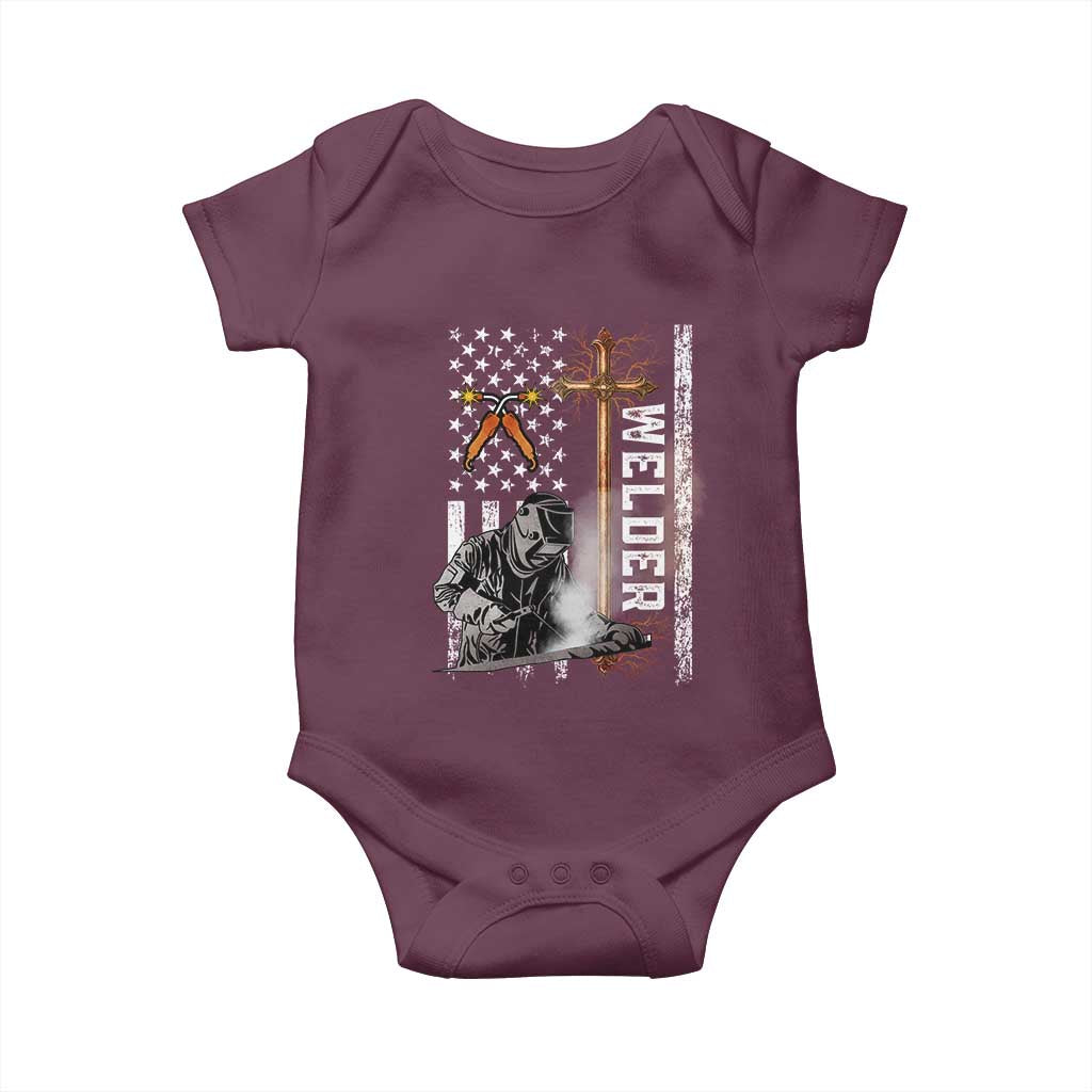 American Welder Baby Onesie Welding USA Flag Christian Cross TS02 Maroon Print Your Wear