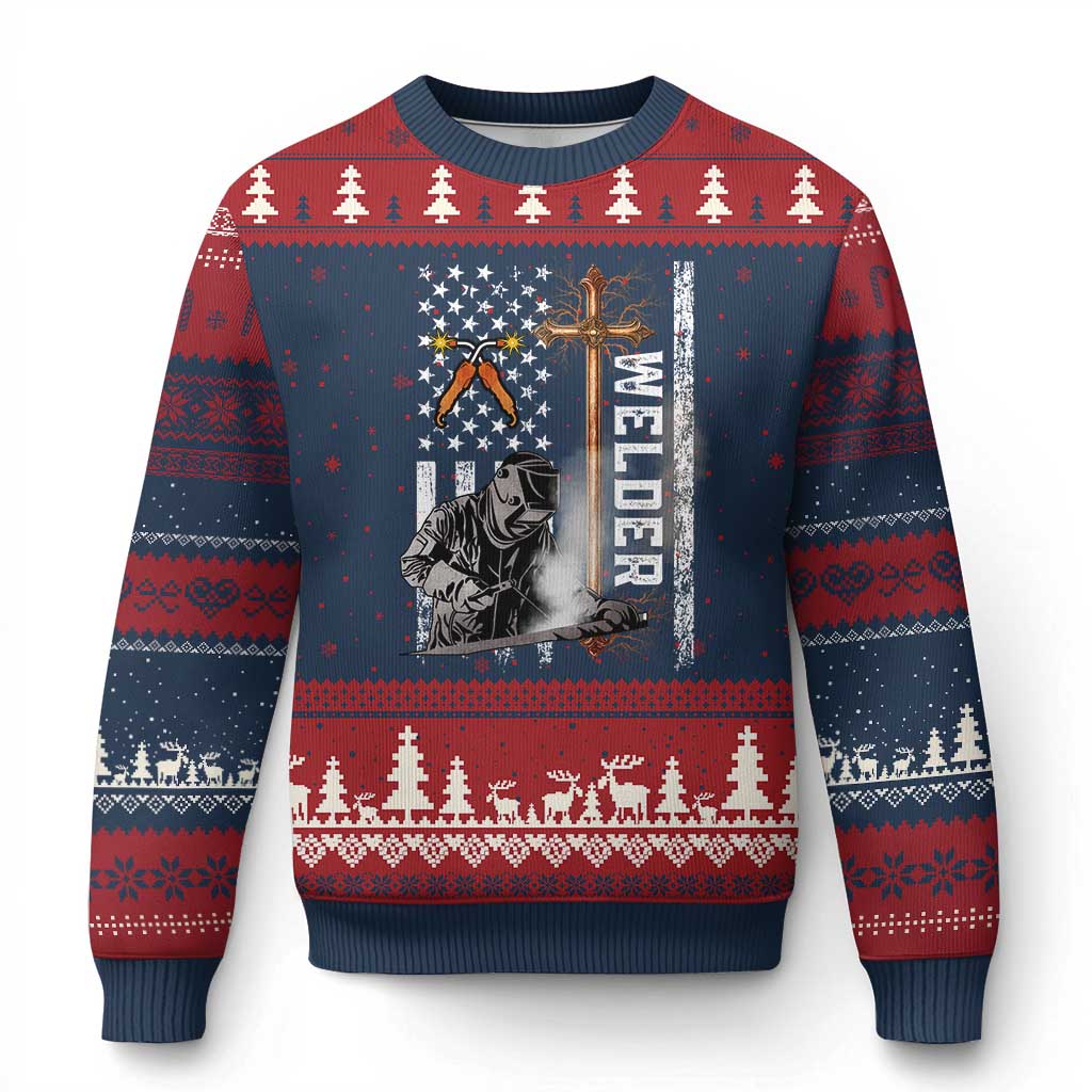 American Welder Ugly Christmas Sweater Welding USA Flag Christian Cross TS02 Navy Red Print Your Wear