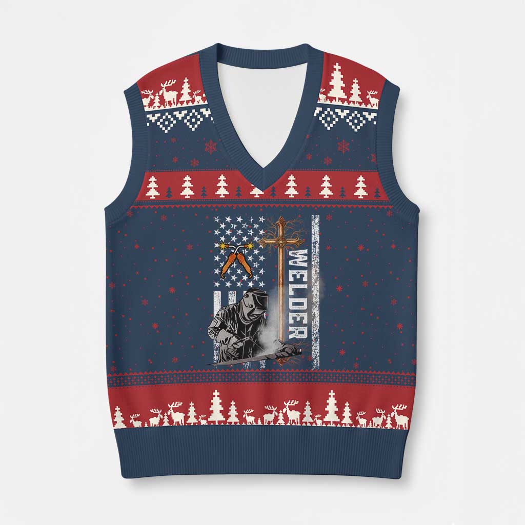 American Welder V-Neck Knit Sweater Vest Welding USA Flag Christian Cross TS02 Navy Red Print Your Wear