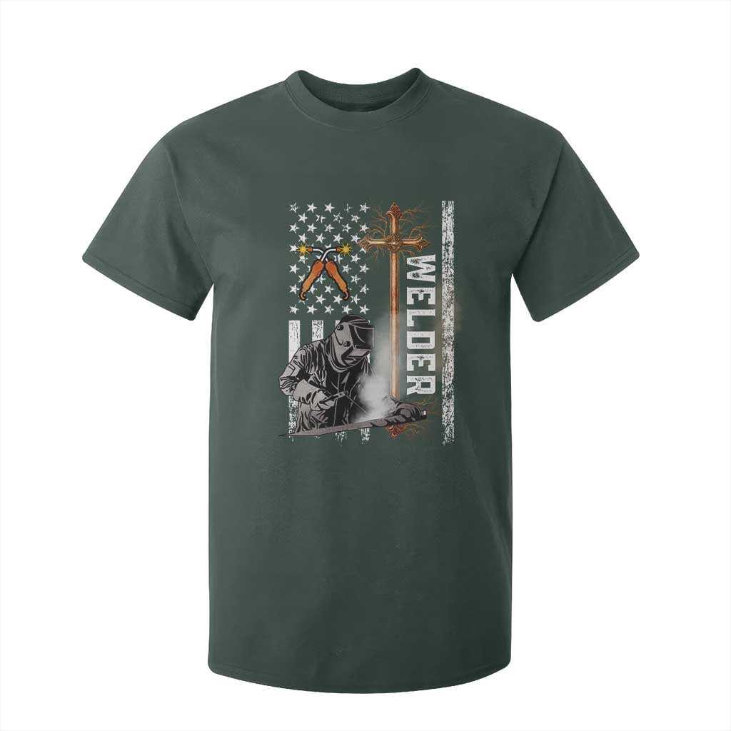 American Welder T Shirt For Kid Welding USA Flag Christian Cross TS02 Dark Forest Green Print Your Wear