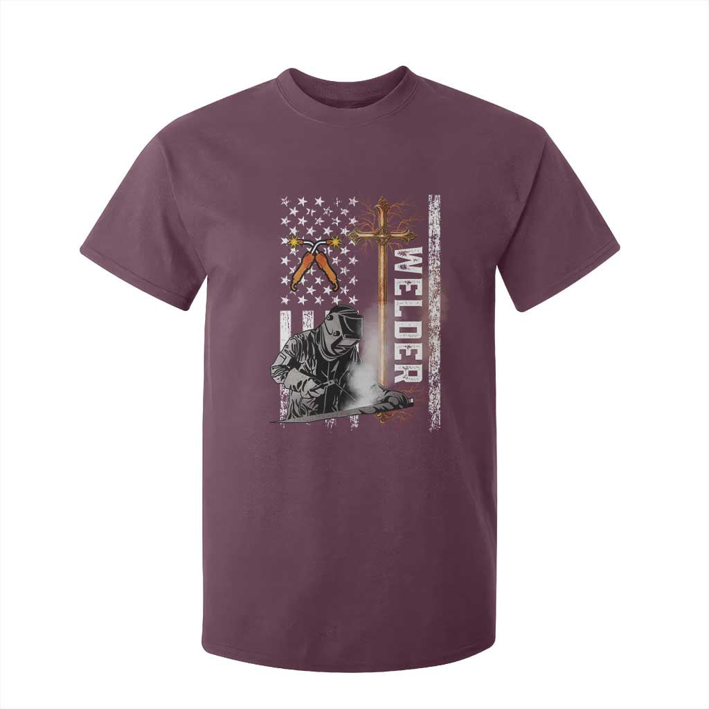 American Welder T Shirt For Kid Welding USA Flag Christian Cross TS02 Maroon Print Your Wear