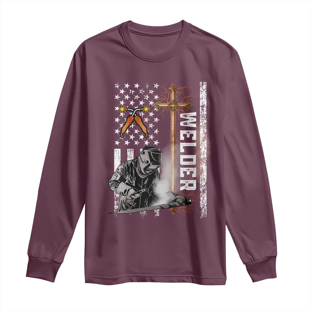American Welder Long Sleeve Shirt Welding USA Flag Christian Cross TS02 Maroon Print Your Wear