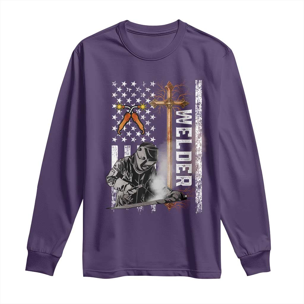 American Welder Long Sleeve Shirt Welding USA Flag Christian Cross TS02 Purple Print Your Wear