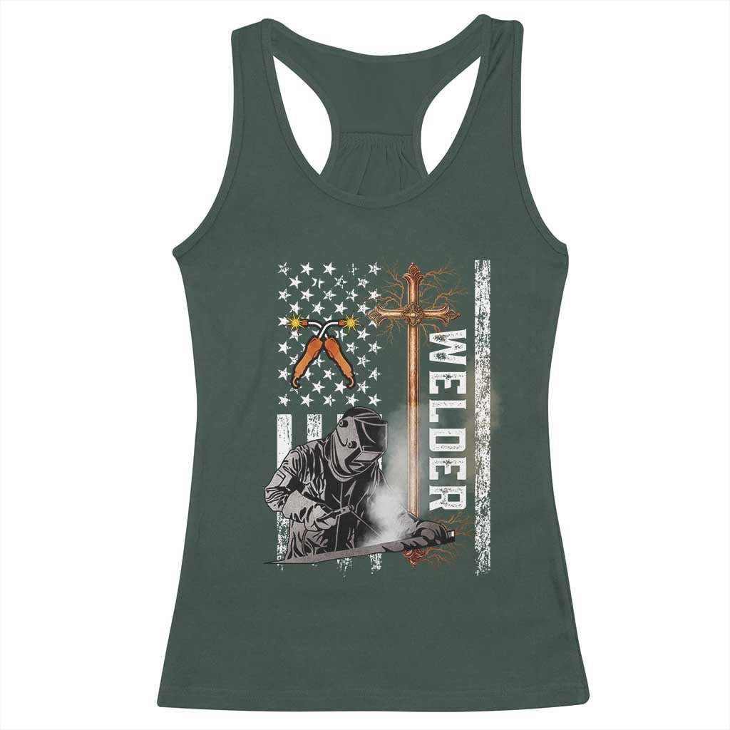 American Welder Racerback Tank Top Welding USA Flag Christian Cross TS02 Dark Forest Green Print Your Wear