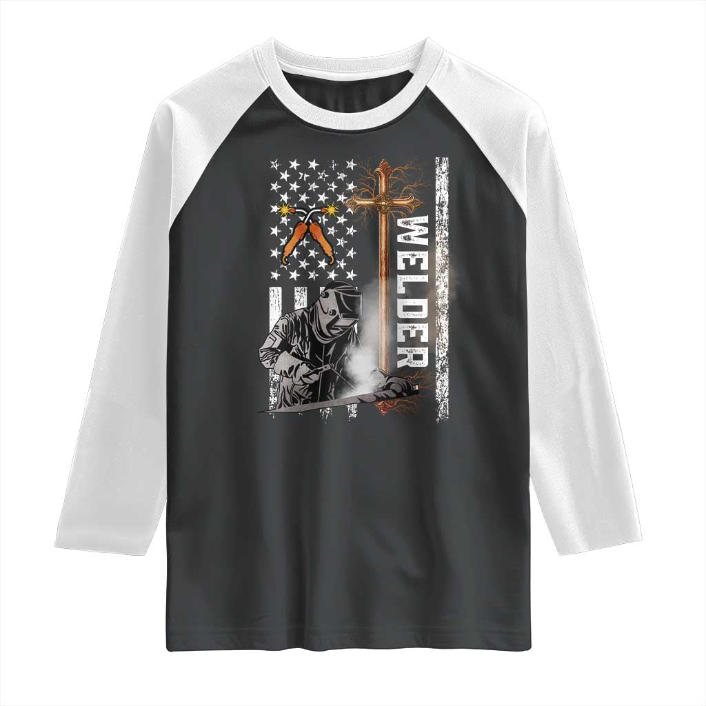 American Welder Raglan Shirt Welding USA Flag Christian Cross TS02 Black White Print Your Wear
