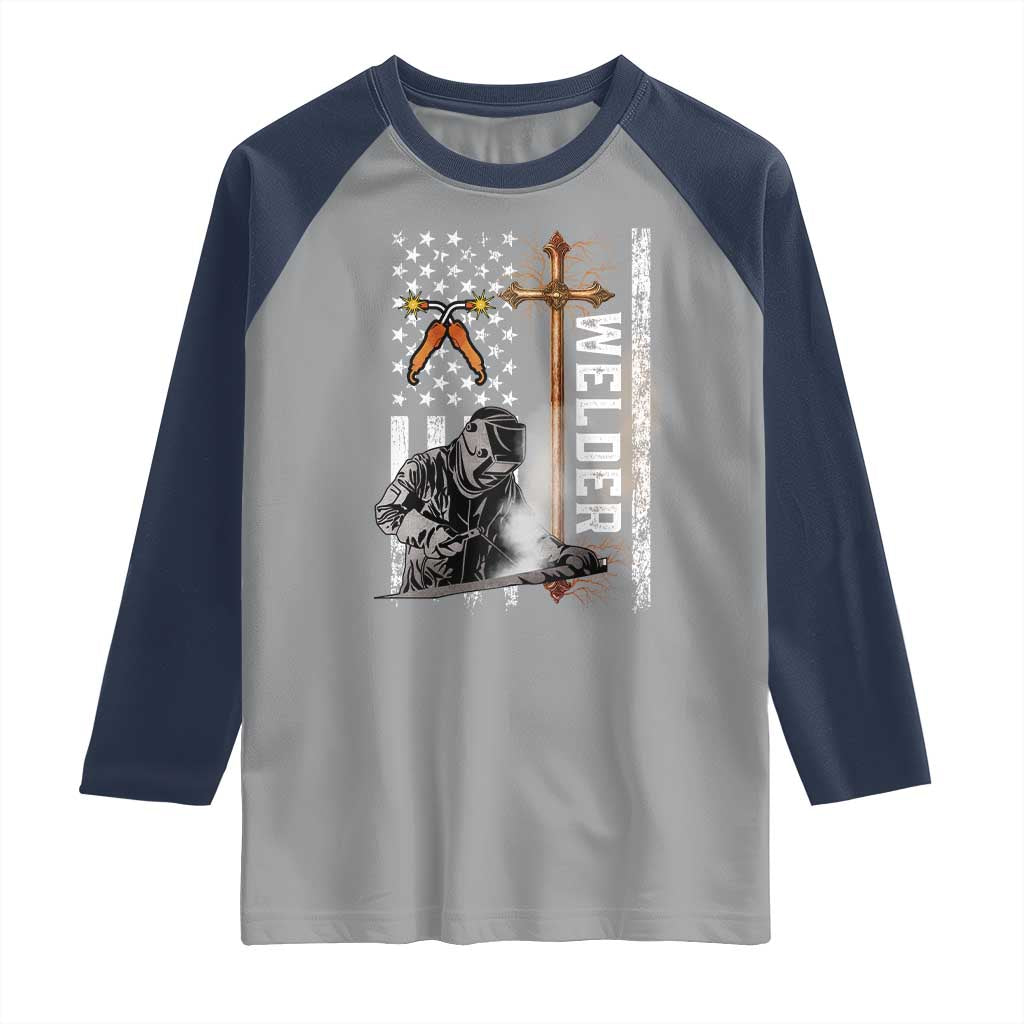 American Welder Raglan Shirt Welding USA Flag Christian Cross TS02 Sport Gray Navy Print Your Wear