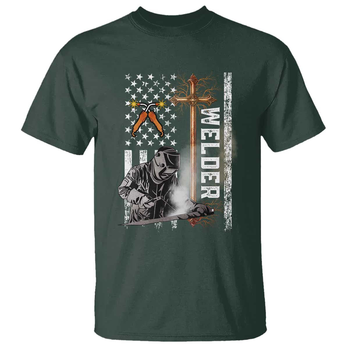 American Welder T Shirt Welding USA Flag Christian Cross TS02 Dark Forest Green Print Your Wear