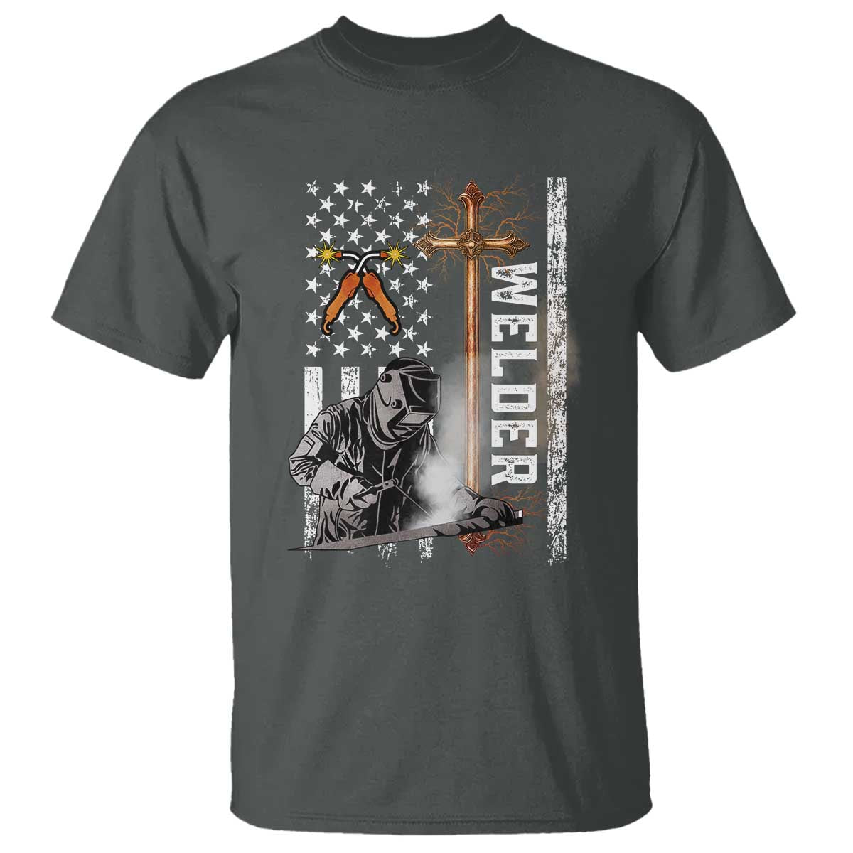 American Welder T Shirt Welding USA Flag Christian Cross TS02 Dark Heather Print Your Wear