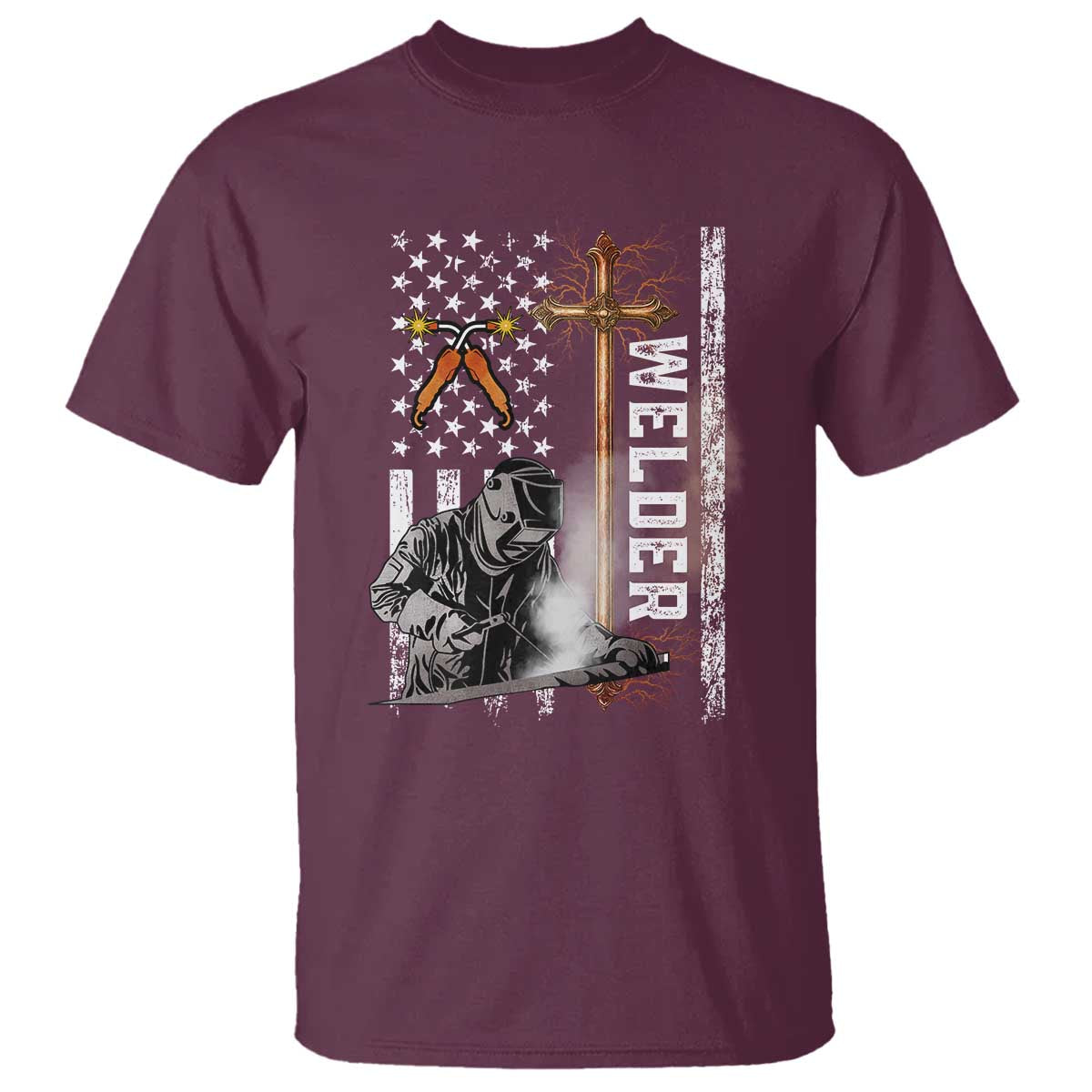 American Welder T Shirt Welding USA Flag Christian Cross TS02 Maroon Print Your Wear