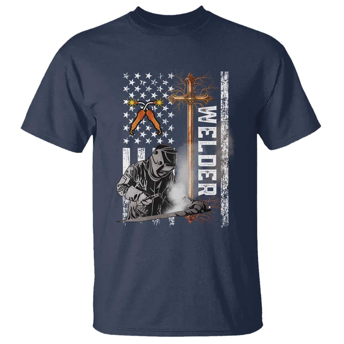 American Welder T Shirt Welding USA Flag Christian Cross TS02 Navy Print Your Wear