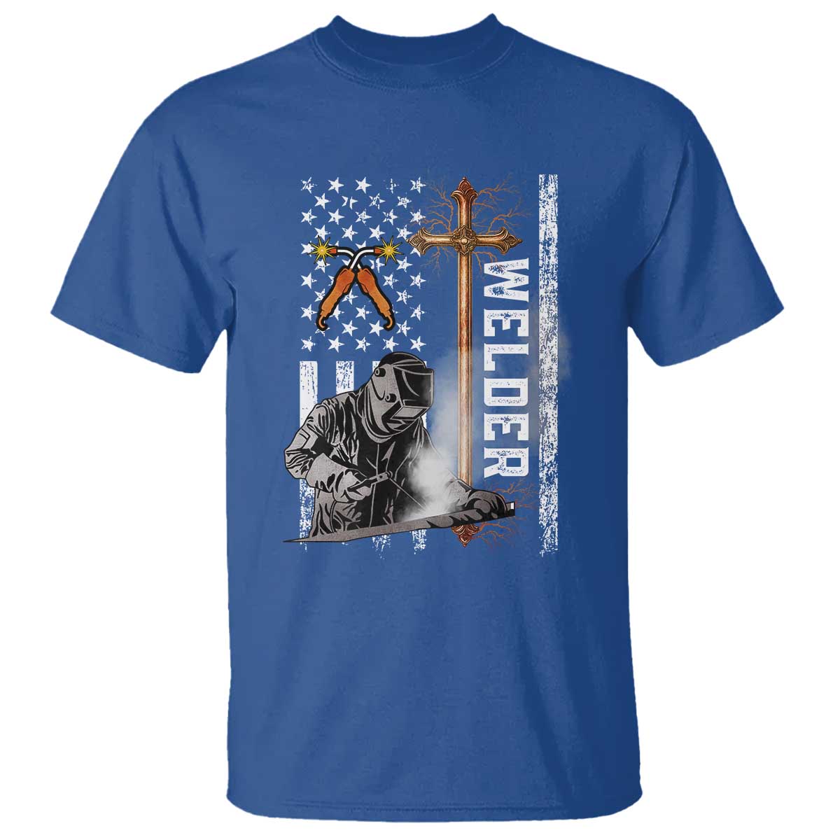 American Welder T Shirt Welding USA Flag Christian Cross TS02 Royal Blue Print Your Wear