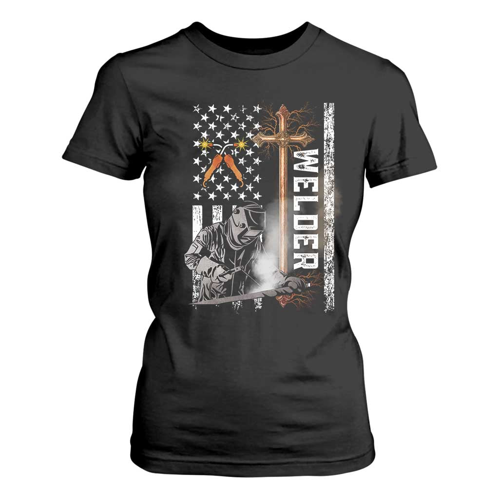 American Welder T Shirt For Women Welding USA Flag Christian Cross TS02 Black Print Your Wear