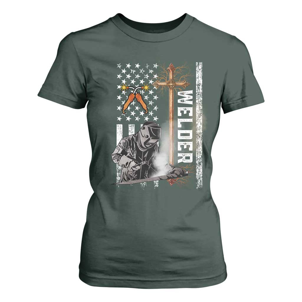 American Welder T Shirt For Women Welding USA Flag Christian Cross TS02 Dark Forest Green Print Your Wear