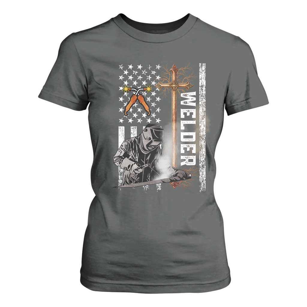 American Welder T Shirt For Women Welding USA Flag Christian Cross TS02 Dark Heather Print Your Wear